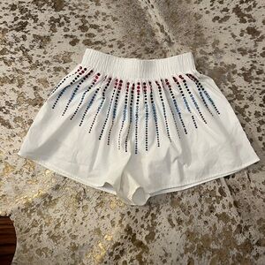 QUEEN OF SPARKLES White Shorts with Red and Blue Sequin Design